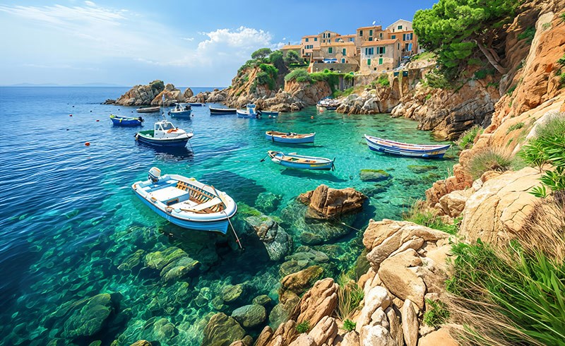Akdeniz Sahil Kasabası ve Turkuaz Deniz Manzaralı Duvar Kağıdı