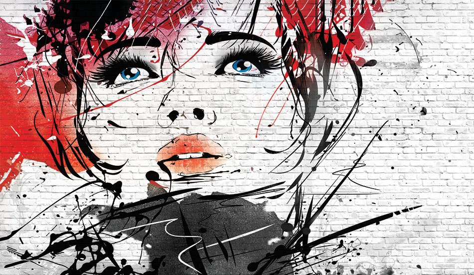 Beyaz Tuğla Zemin Üzerine Pop Art Kadın Yüzü Duvar Kağıdı