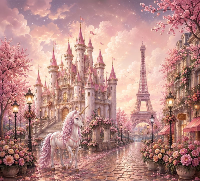 Masalsı Pembe Şato Eyfel Kulesi ve Unicorn Duvar Kağıdı
