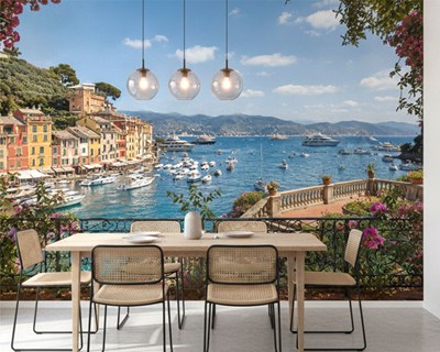 Portofino İtalyan Sahil Kasaba Manzarası Duvar Kağıdı